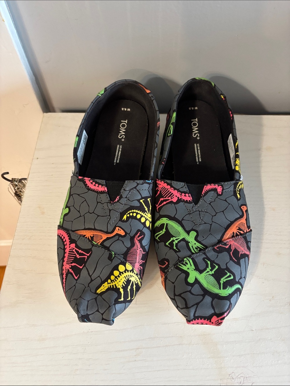 TOMS Slip-On Sneakers - Gray with Neon Dinosaur Prints